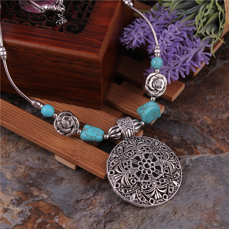 

Bohemian Carved Tibetan Silver Color Stone Vintage Necklaces & Pendants Chain Jewelry Bijouterie For Women Girl's