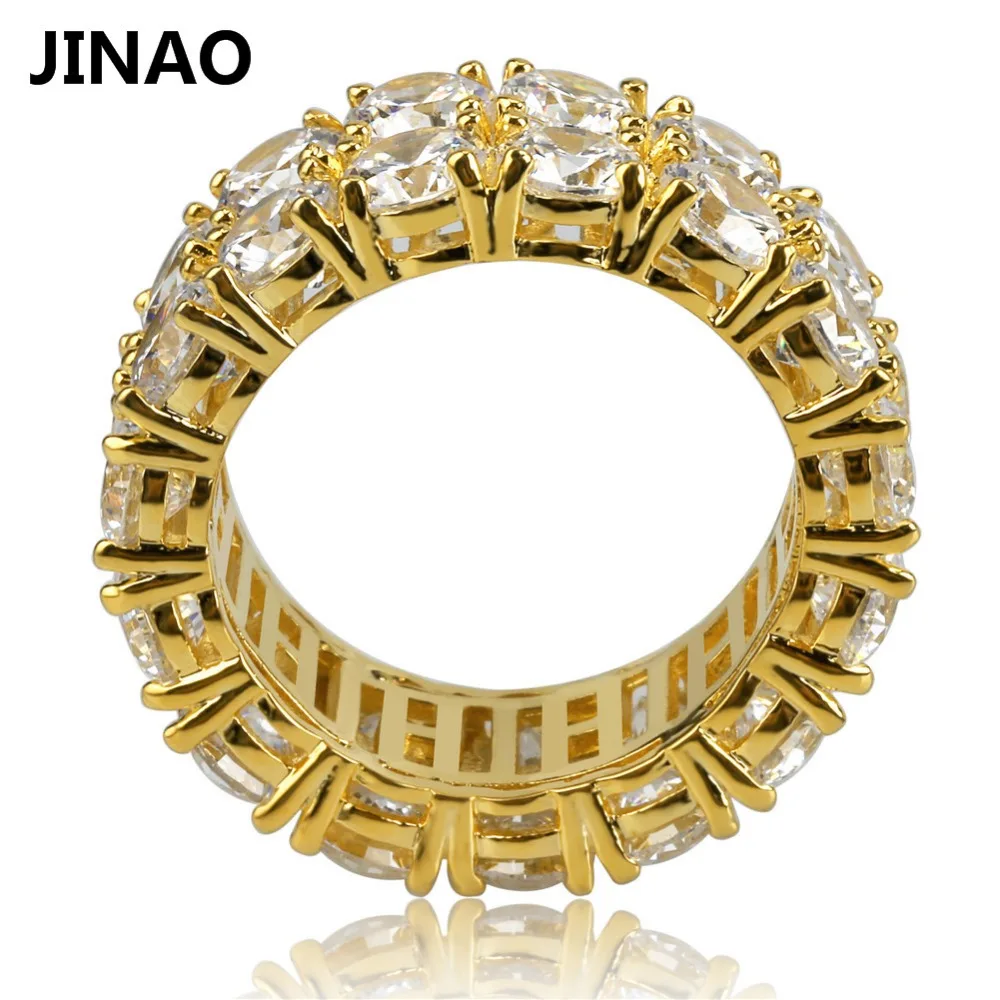 JINAO, дизайн, Позолоченное серебряное кольцо с микро покрытием, 2 ряда цепи, Большой Циркон, блестящее кольцо на палец в стиле хип-хоп для мужчин и женщин