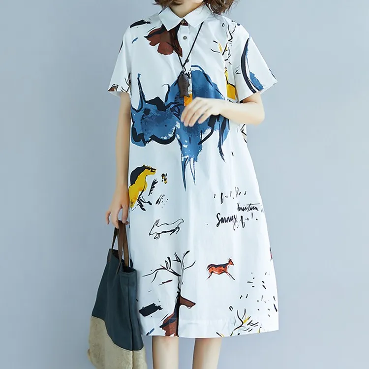 

New Arrival Ladies Print Casual Midi Dress Turn-Down Collar Summer Pockets Button Short Sleeve Loose Dresses