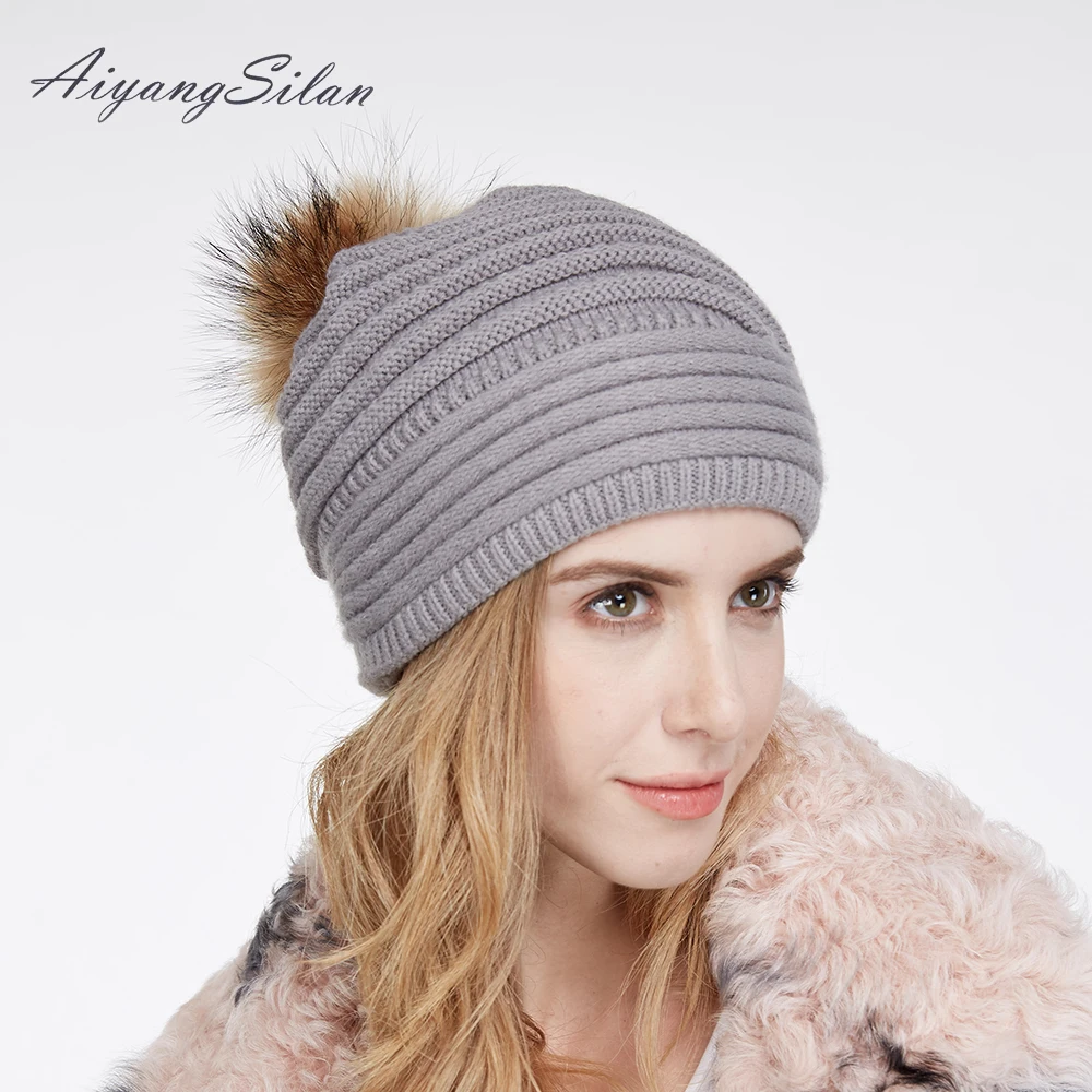 

AiyangSilan Real Raccoon Fur Pom Women Fur Hats Warm Hat for Winter Warm Knit Beanie Detachable Ball 2 colors