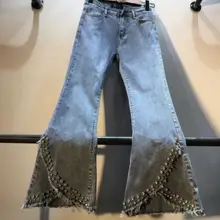 Весенние новые джинсовые брюки женские Ретро тяжелые просверленные алмазные расшитые бисером тонкие джинсы брюки женские с высокой талией расклешенные брюки