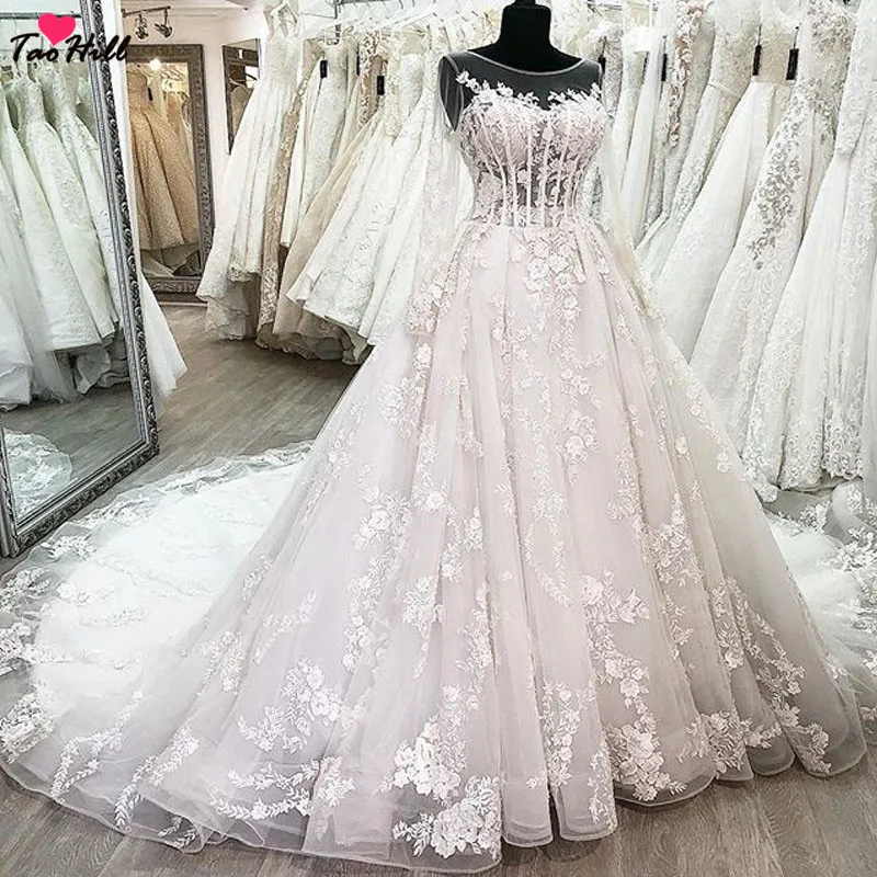 

TaoHill 2019 New Princess Ivory High Waist Wedding Bridal Dress Fluffy Lace Beaded Crystal Luxury Vintage
