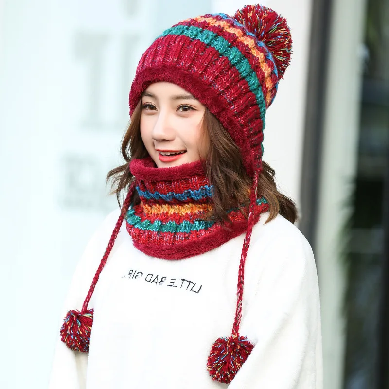 Gorro de Inverno Chapéu de Malha Chapéu de Inverno Conjunto de Bola de Cabelo Feminino Cachecol Moda Espessamento Chapéu Coleiras Pom lã 4 Acessórios da Moda