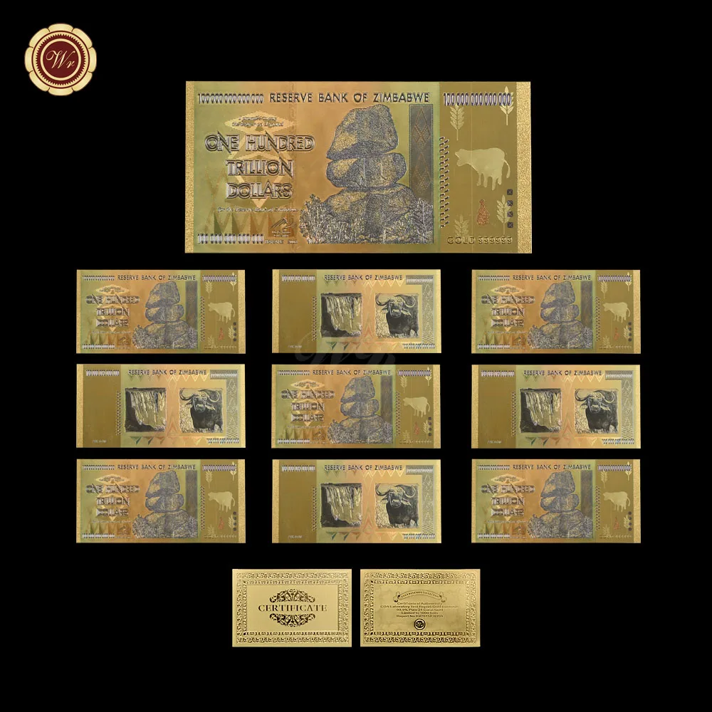 WR Zimbabwe 100 Trillion Dollars Banknote Color Gold Bill World Money Collection