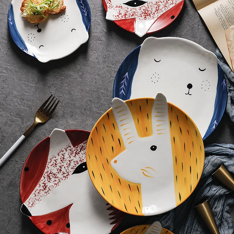 

Korea Creative plates Breakfast Steak Children's Fruit Plate 6 or 8 Inch Hand Painted Animal Dish Cutlery Cartoon Ceramic platos