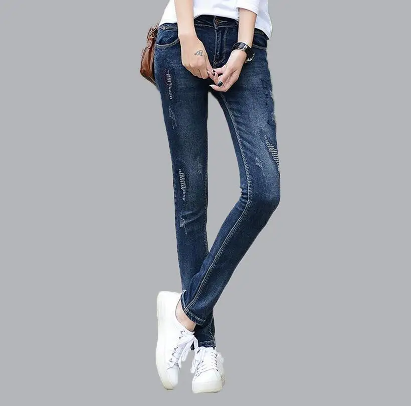 High Quality Fashion Slim Jeans Women Skinny High Waist Ripped Elastic Jeans Female Blue Denim Pencil