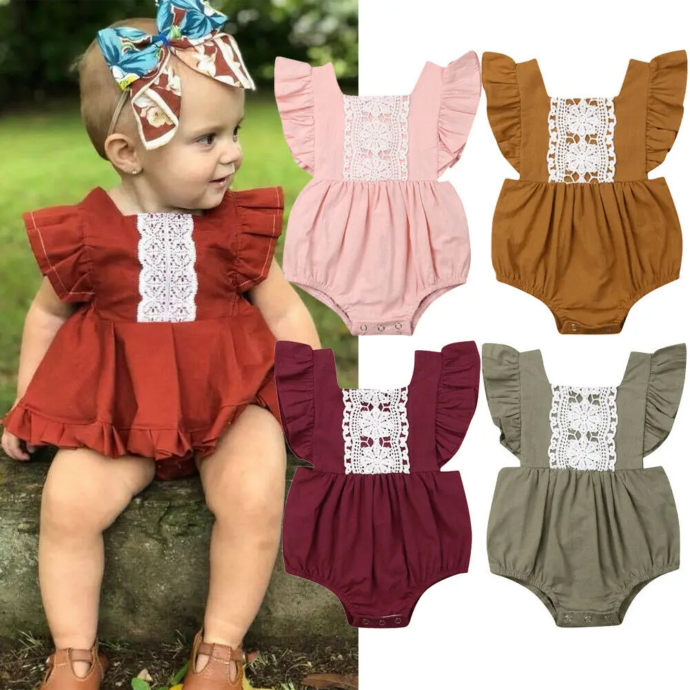

2019 New Infant Toddler Baby Girl Ruffled Rompers Sleeveless Lace Cotton Romper Jumpsuit Clothes 0-24M