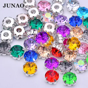 

JUNAO 10mm Sew On Mix Color Acrylic Rhinestone Applique Flatback Silver Claw Crystal Strass Round Sewing Stone for Needlework