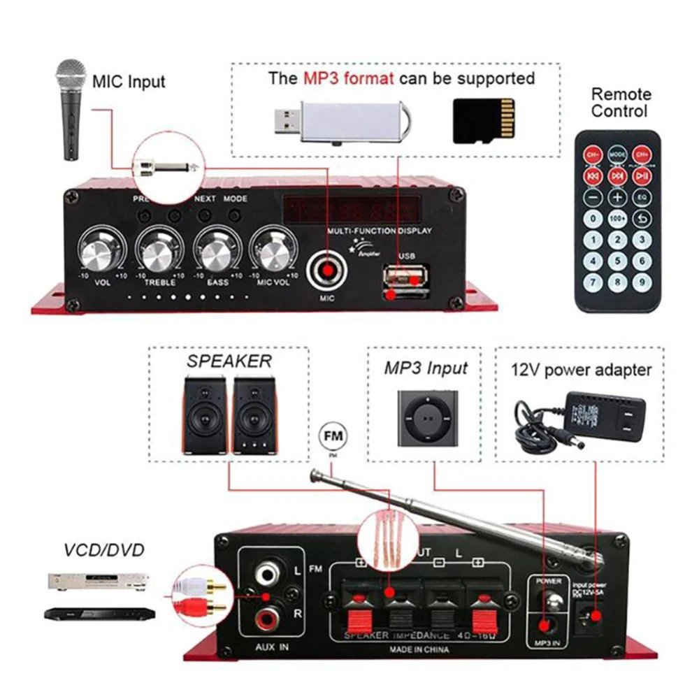 DC 12V Mini amplifiers audio hifi stereo sound Car Bluetooth Microphone Power Amplifier Power Intelligent Audio Amplifier