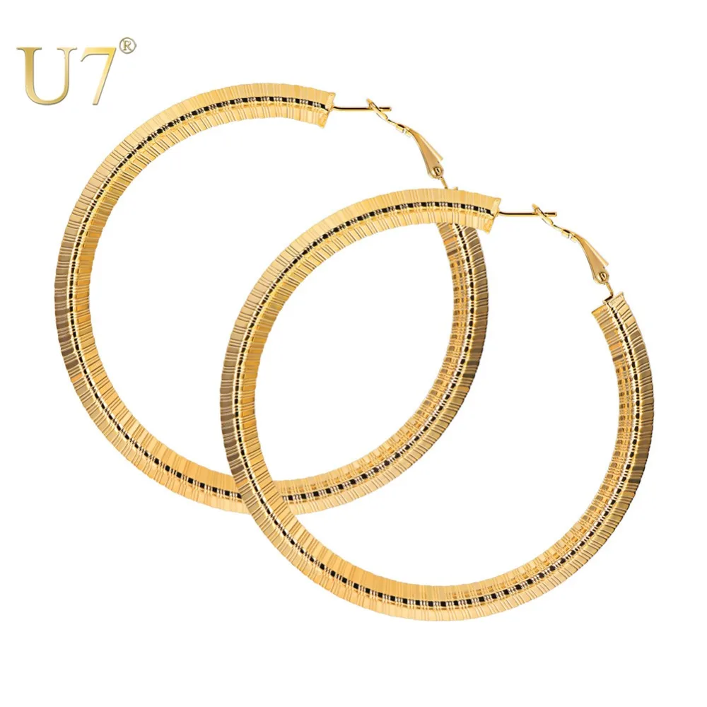 

U7 Vintage Large Hoop Earrings for Women Easy Push-back Clasp Stainless Steel Circle 70mm Fashion Earrings Jewelry Gifts E1015