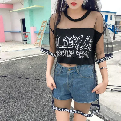 Camisetas Mujer летняя модная футболка Топ Женская одежда корейский стиль Harajuku сетчатая перспективная футболка женские свободные футболки