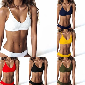 

Kakaforsa New Solid Backless Bikini Set Sexy Low Waist Striped Bikini Women Sports Swimwear Beach Bathing Suit Brazil Biquini