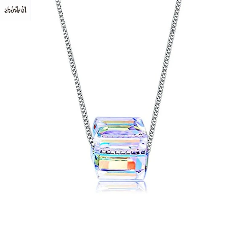 

925 Sterling Silver Cube Pendant Necklace Austria Crystal Necklace Cat Eye Jewels Inlay Sugar Color Square Necklace for Women