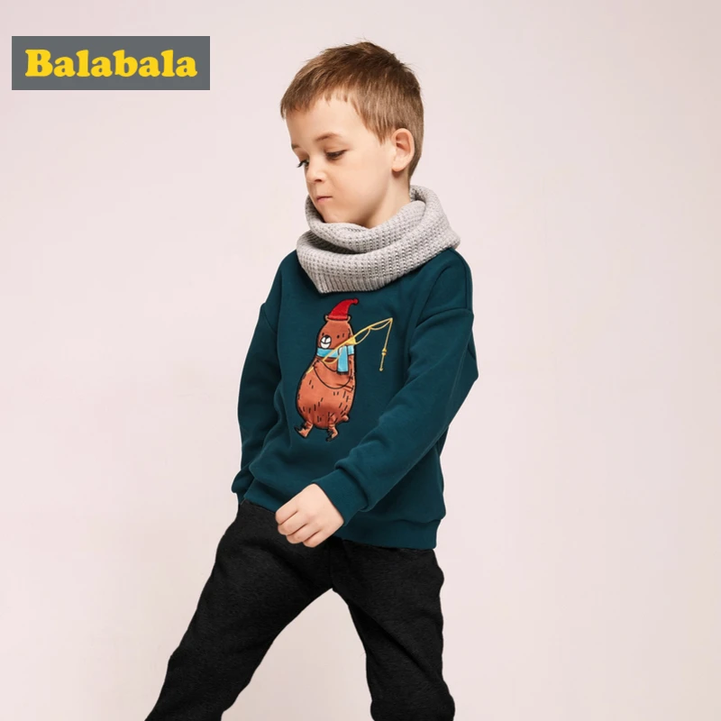 Balabala/теплый свитер с круглым вырезом в рубчик с флисовой подкладкой и аппликацией для маленьких мальчиков, зимний комплект для бега без застежки с карманами