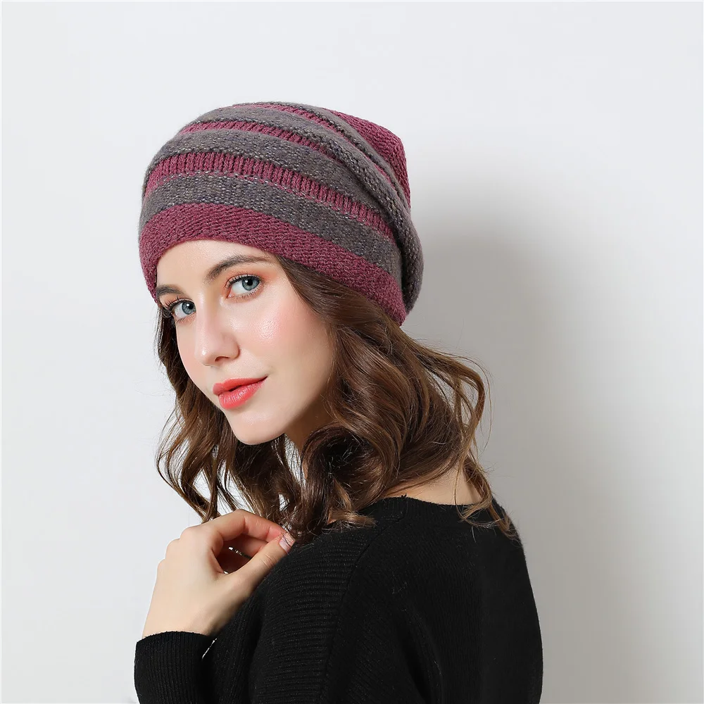 9999-eanies Women Winter Hat Headwear Knit Cap Wool Stripe Slouchy Warm Soft Plaid Casual Outdoor Ski Skullies Accessory (5)