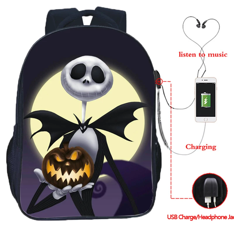 The Nightmare Before Christmas Backpack USB Charging Backpack Jack Skellington School Bag Backpacks Multifunctional Travel Bags - Цвет: 15