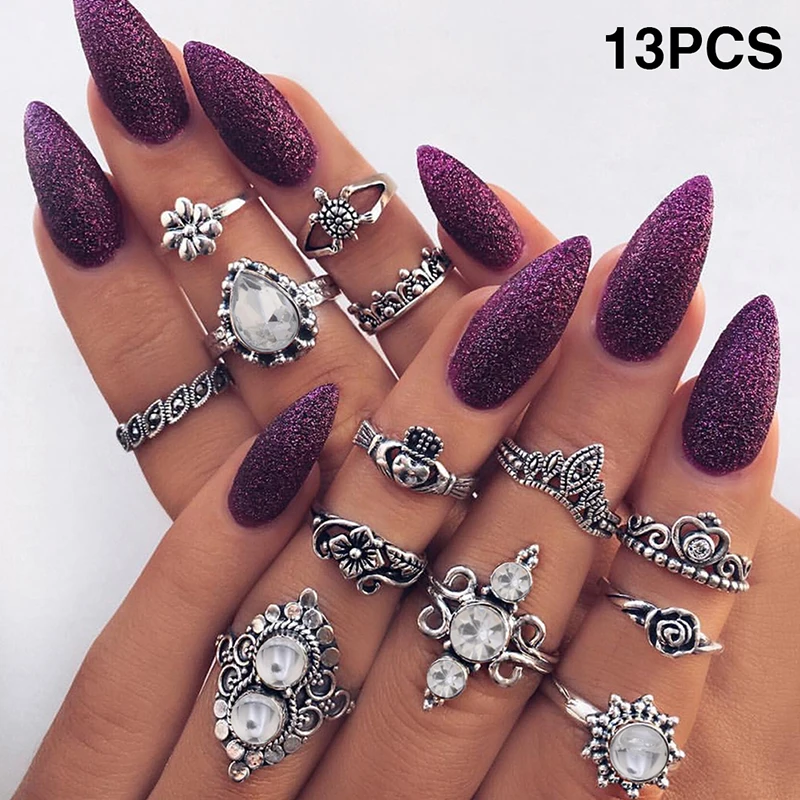 

13pcs 5 Styles Vintage Knuckle Rings For Women Boho Geometric Flower Leaf Crown Crystal Ring Set BohemianFinger Jewelry
