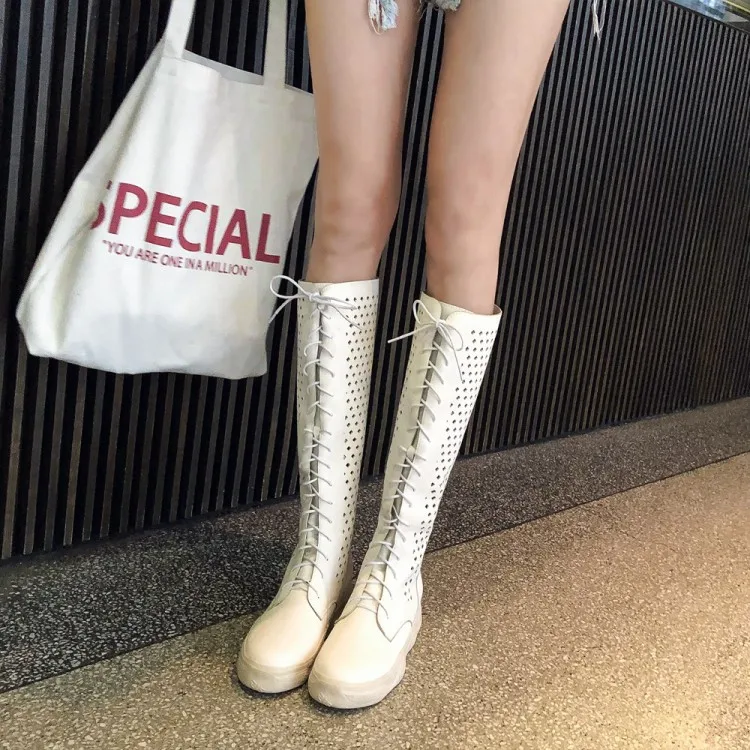

PXELENA Cut Out 2019 Summer Knee High Boots Gladiator Sandals Women Flat Plat form Lace Up Round Toe Rome Retro Punk Goth Shoes