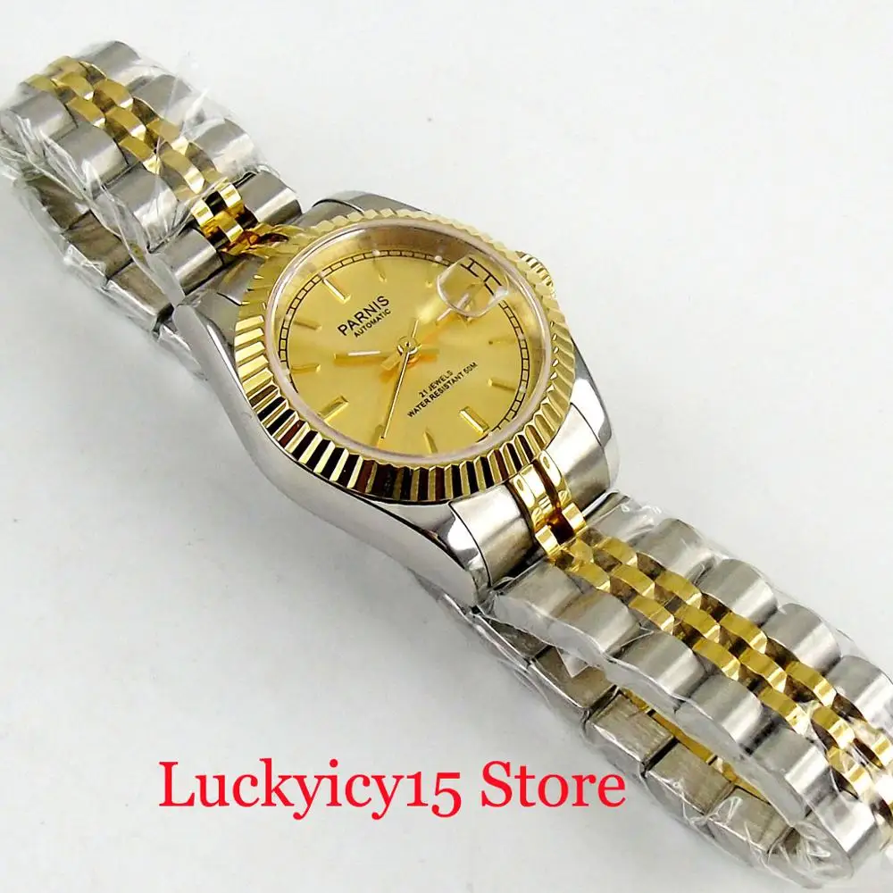 Luxury Classic Style PARNIS Lady/Women's Stainless Steel Wristwatch 26mm Gold Plated Watch Case Sapphire Glass Auto Movement