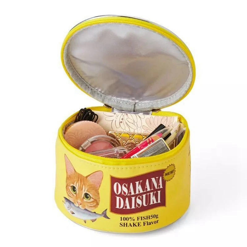  Large Canned Fish Modeling Cat Pattern Bag Cosmetic Storage Bag Creative Cylinder Bags Toiletry Org