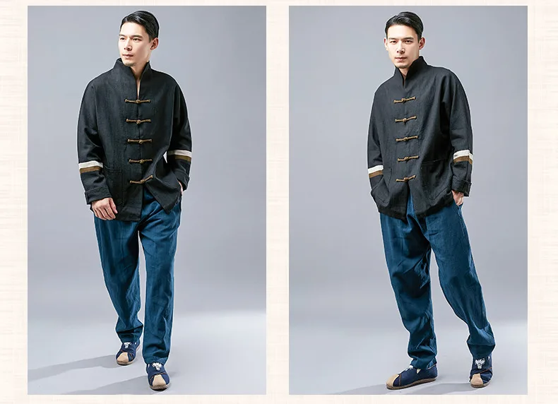 LZJN Men's Chinese Traditional Cotton Linen Tai Chi Tang Suit Stylish Shirt Kung Fu Clothing with Pockets (13)