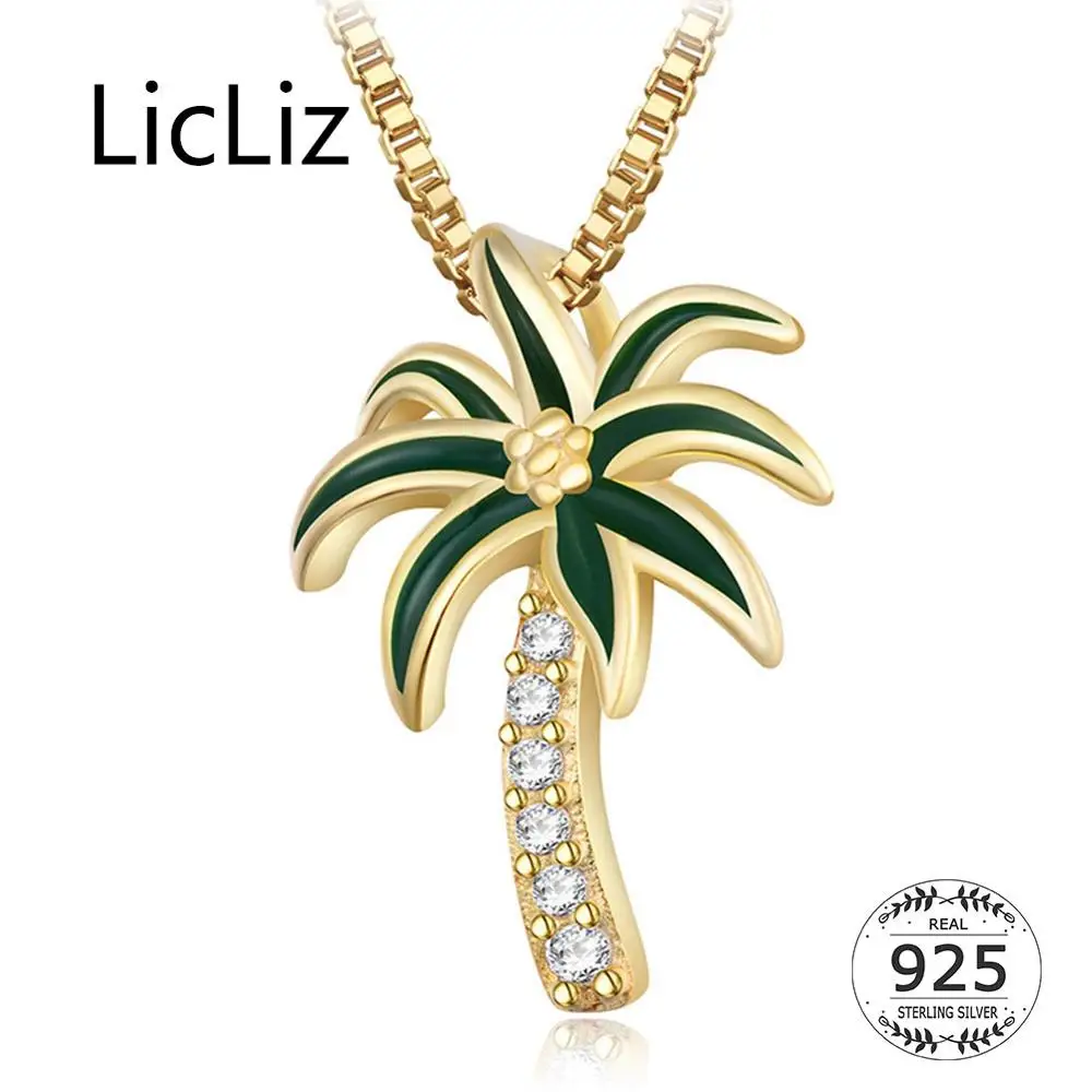 

LicLiz New 925 Sterling Silver Coconut Tree Pendant Necklaces for Women 18K Gold Link Chain Clear Zircon Diamond Jewelry LN0471