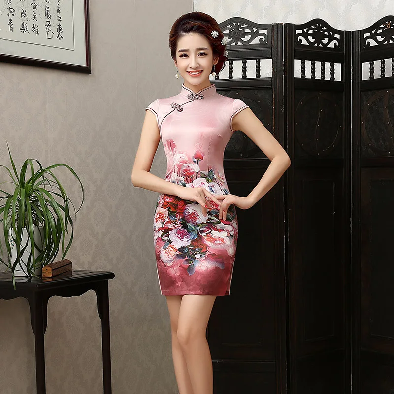 Новые короткие летние женские Сексуальные Cheongsam женские вечерние платья Косплей короткий атласный Qipao старинный китайский традиционный платье 18