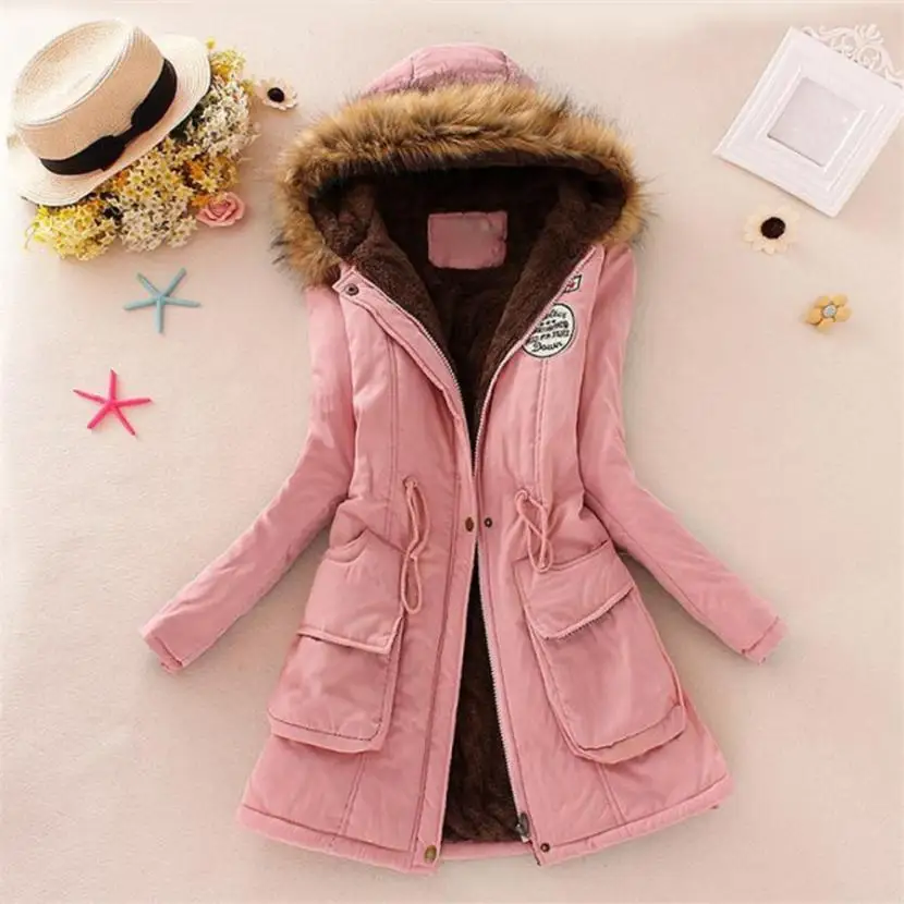 Pink Winter England Style Fur Collar Hooded Jacket Slim Winter Parka