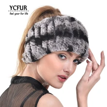 YCFUR Mode Femmes Bandeau Fait Main Tricot Véritable Rex De Fourrure De Lapin Bandeaux Filles Fourrure Naturelle Foulards D’hiver YSC116