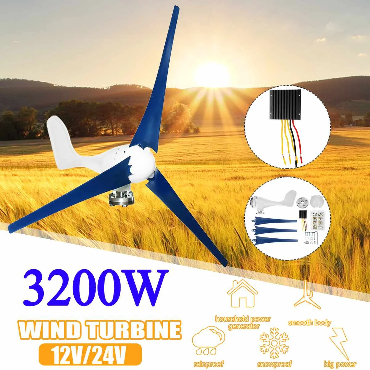 

3200W Wind Turbines Generator 12V/24V 3 Blades Horizontal Wind Generator With Controller Windmill Energy Turbines Charge