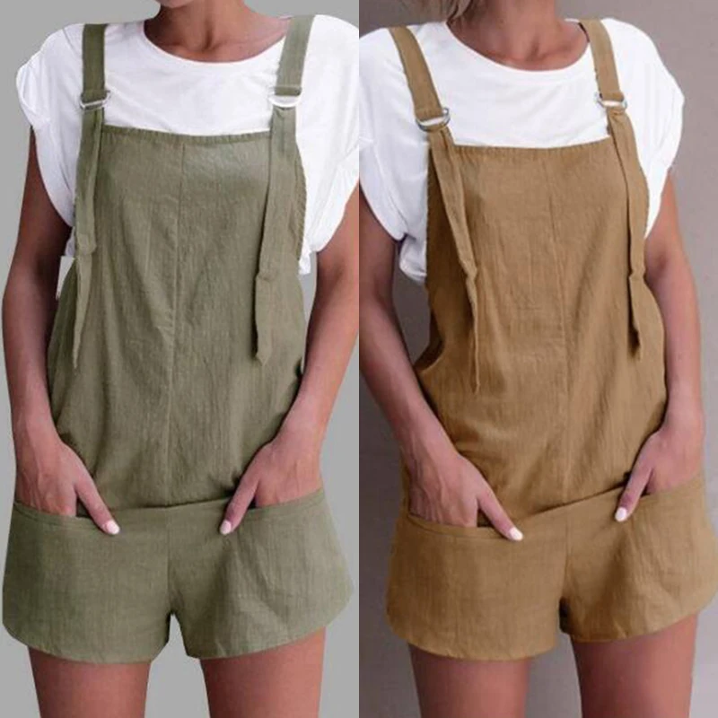 Womens Rompers Jumpsuit Summer Sexy Strap Overalls Casual Pockets Loose Sleeveless Backless Short Playsuits
