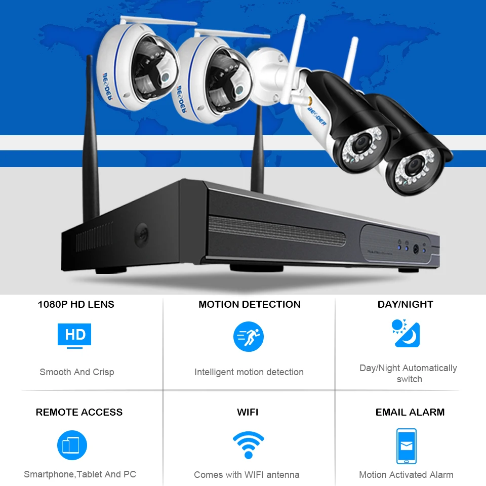 Система видеонаблюдения BESDER 1080P Wi Fi 4 канала NVR 2 МП|Система наблюдения| |