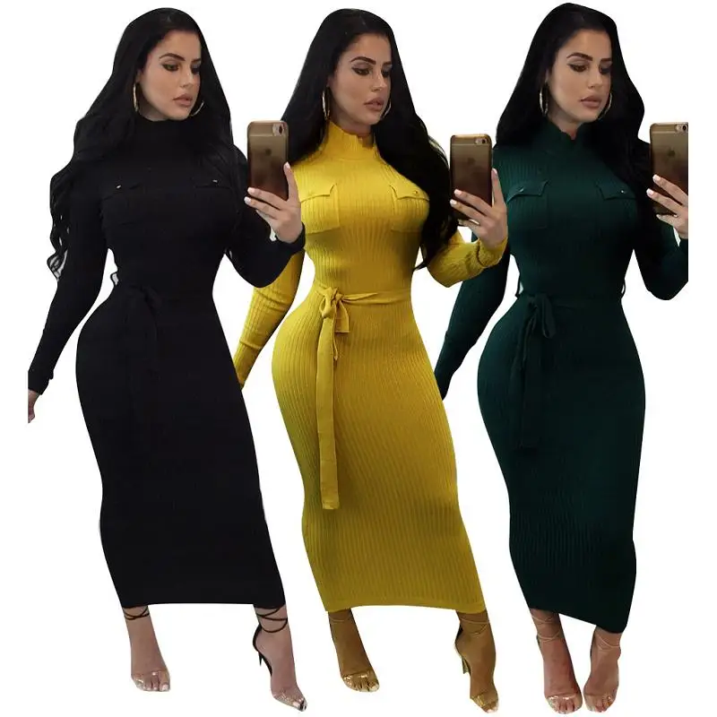 Turtleneck Maxi Dress Women Casual Knitted Rib Bodycon Long Sleeve ...