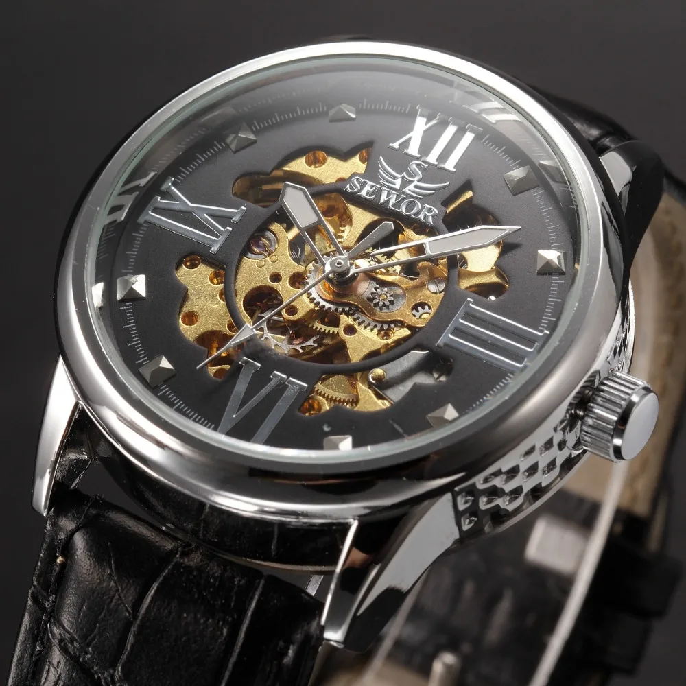 Brand SEWOR Watches Men Luxury Leather Strap Hollow Skeleton Men Male