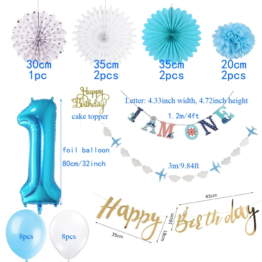 Nautical First Birthday Party Boy Clouds Airplane Garland I AM ONE Banner Happy Birthday Banner Cake Topper Latex Ballons Baby Shower  (2)