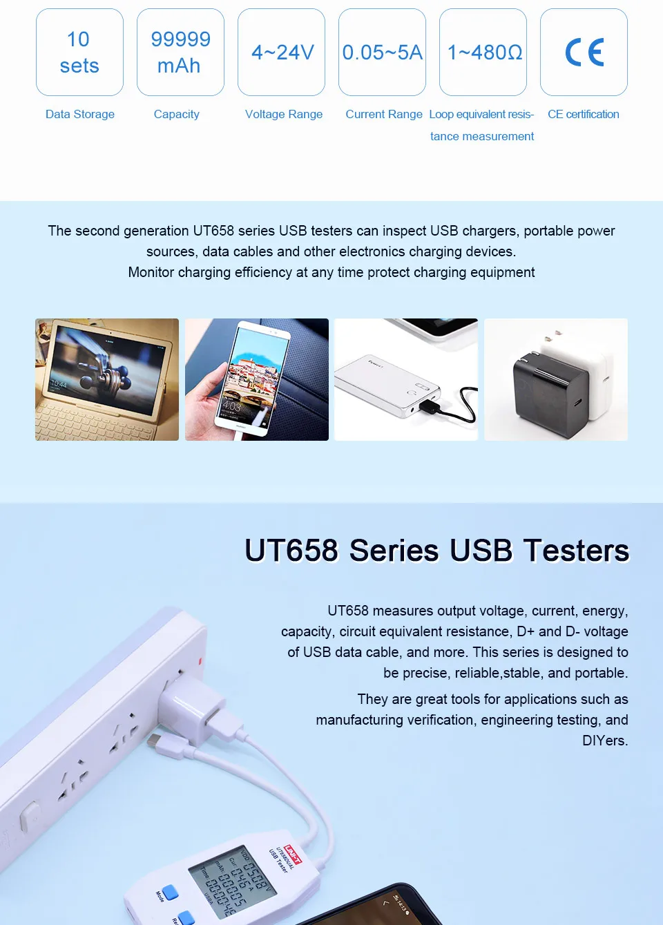 UNI-T UT658A/UT658C/UT658DUAL серия USB измеритель мощности цифровой измеритель напряжения/тока/емкости/энергии и сопротивления