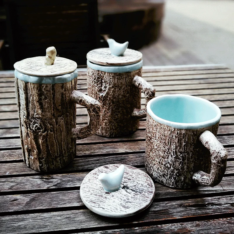 

300ml Handmade Vintage Ceramic Porcelain and Pottery Mug | 10 Oz Tree Pattern Mug with Lid | for Coffee Mug Milk Water Drinkware