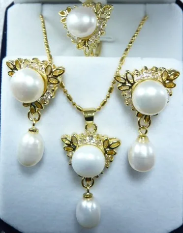 

wholesale noblest 12mm white shell pearl 18kgp pendant earring and ring(#7.8.9) jewelry set 5.31