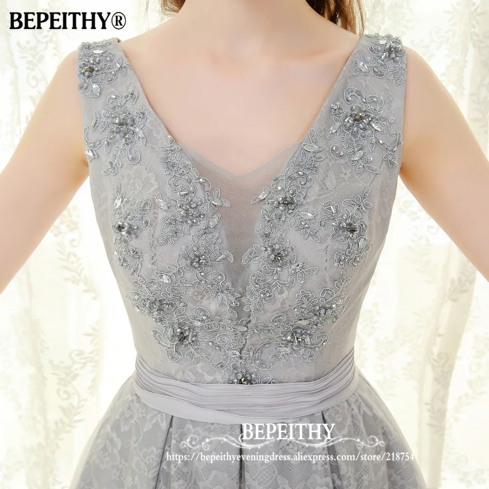 BEPEITHY с v-образным вырезом серебряное кружевное длинное вечернее платье vestido de festa на шнуровке сзади с кристаллами элегантные вечерние платья для выпускного вечера