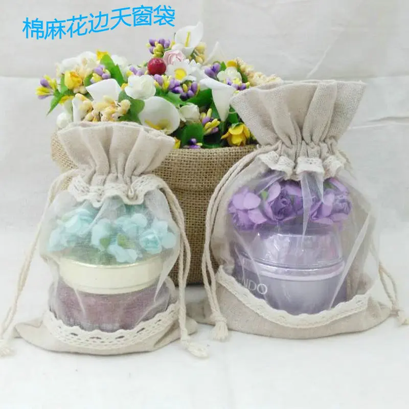 Rustic Small canvas cotton linen Lace Favor Bags Wedding Gift Bags
