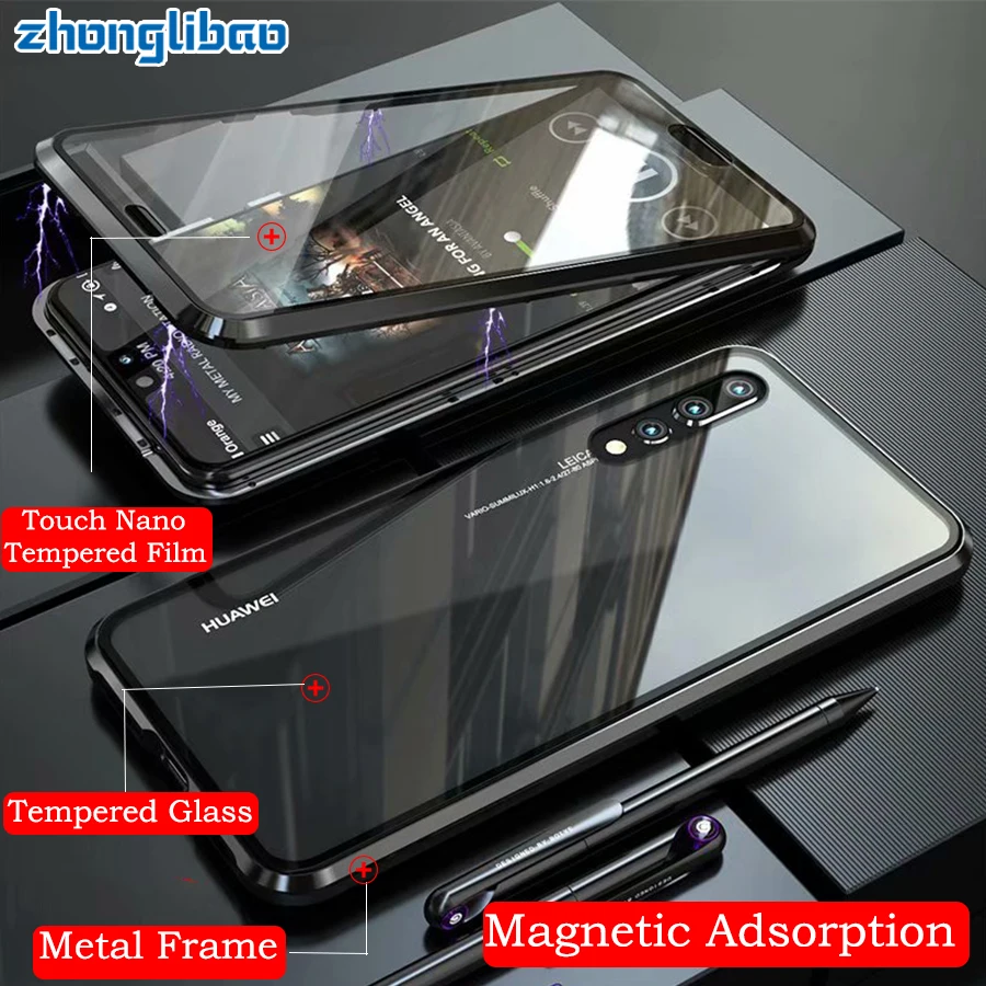 Magnetic Adsorption Metal Case for Huawei P20 Pro Luxury 360 Full Cover Front Back Double Glass Protector Hawei Etui | Мобильные