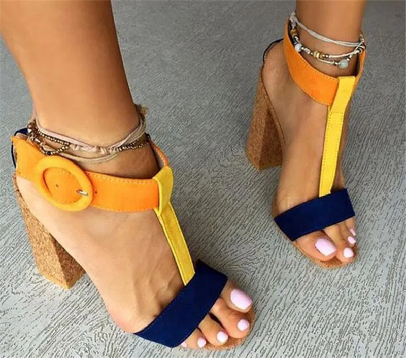 New Fashion Women Open Toe Patchwork Colors Suede Leather Chunky Heel Sandals T-strap Ankle Strap Thick High | Обувь