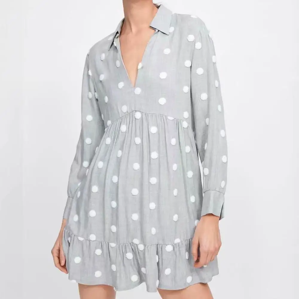 

Spring 2019 New Women Dress Above Knee Embroidery Dots V-Neck Full Sleeve Female Loose Casual Dress Feminino Vestidos