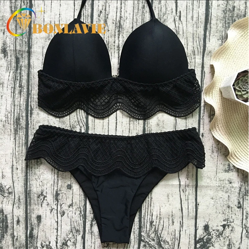 

White Black Lace Bikini Set High Waist Swimsuit 2018 Women Brazilian Push Up Bikinis Halter Biquini Summer Beachwear Swimwear