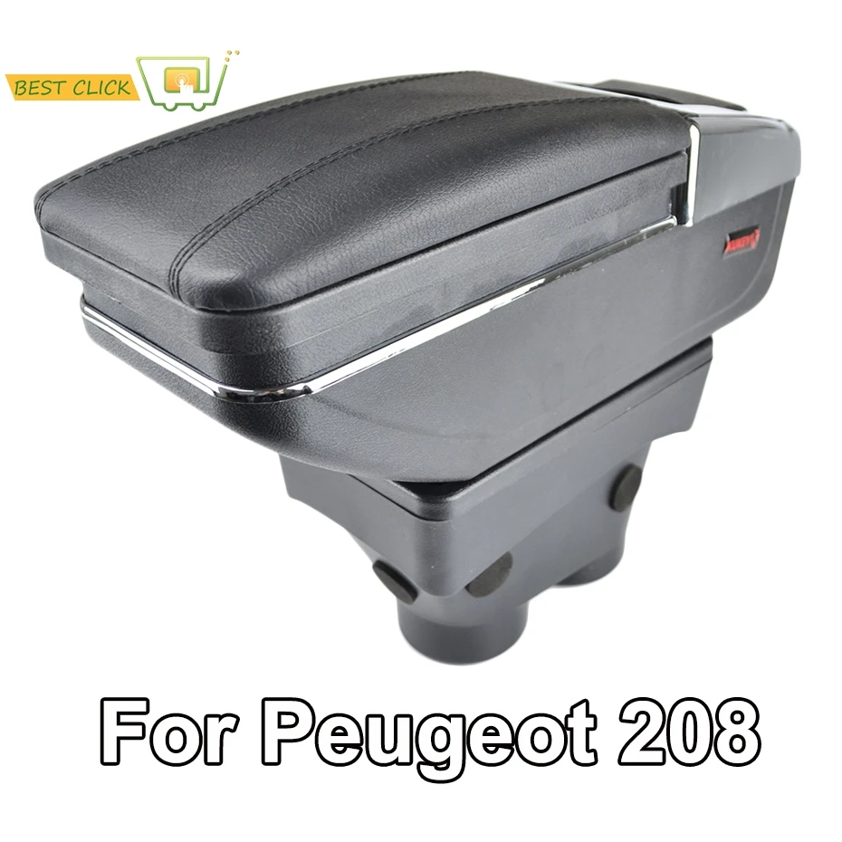 Storage Box For Peugeot 208 2013 2014 2015 2016 2017 2018 Arm Rest Rotatable Armrest Black Leather