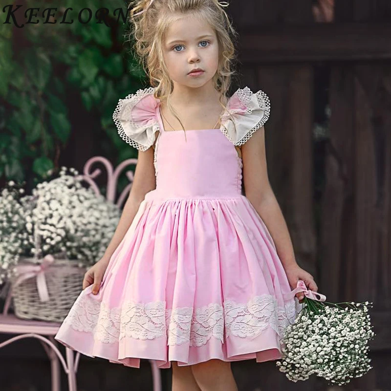 

Keelorn Girls Dresses New Cute Flying Sleeve Costume Kids Princess Dress Fashion Patchwork Lace Kids Dresses for Girls