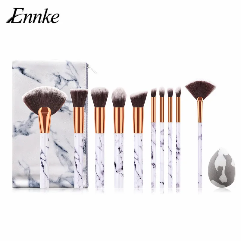 

marbling makeup set 10pcs professional makeup brushes spong cosmetic puff set with pu leather bag