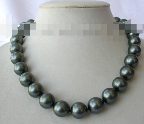 

huij 003111 stunning big 14mm round Tahiti black south sea shell pearl necklace