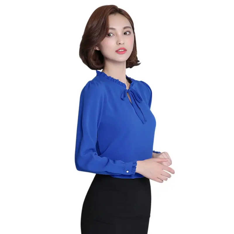 

Women Blouse Long Sleeve Stand Collar Bow Blouses Elegant Ladies Chiffon Blouse Tops Fashion Office Work Wear S-2XL