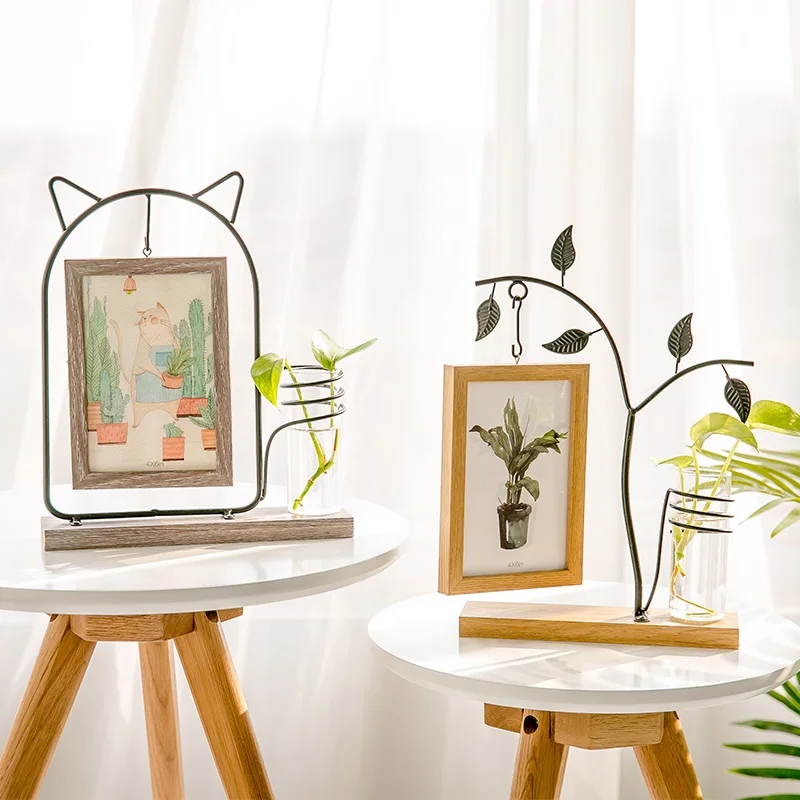 

Nordic Double-sided wooden photo frame hanging Picture iron display stand with vase desktop decoration home decor 6 inch